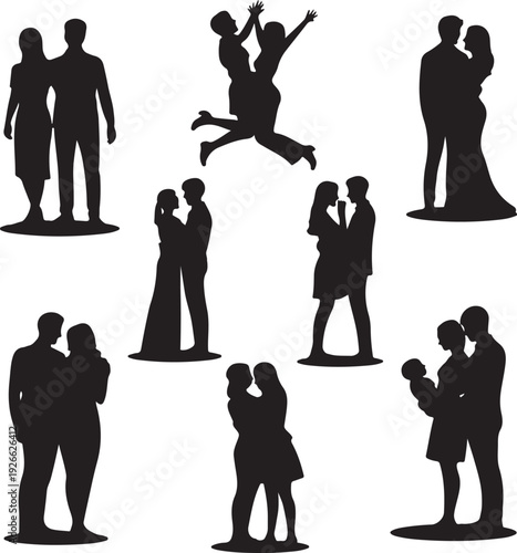 black silhouettes of people in various romantic poses