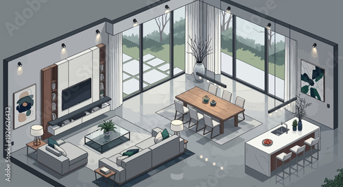 Isometric view of a modern open-plan living room, dining area, and kitchen with large windows and contemporary furniture.