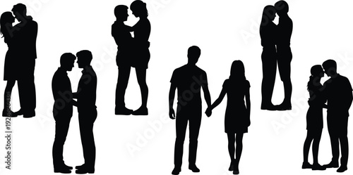 Black romantic couple silhouettes vector set, man and woman in love, relationship and dating design elements