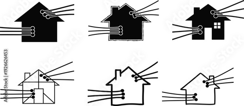 Silhouette and line-art illustration of houses with electrical wiring connections representing home energy supply, power distribution system and modern electricity network concept