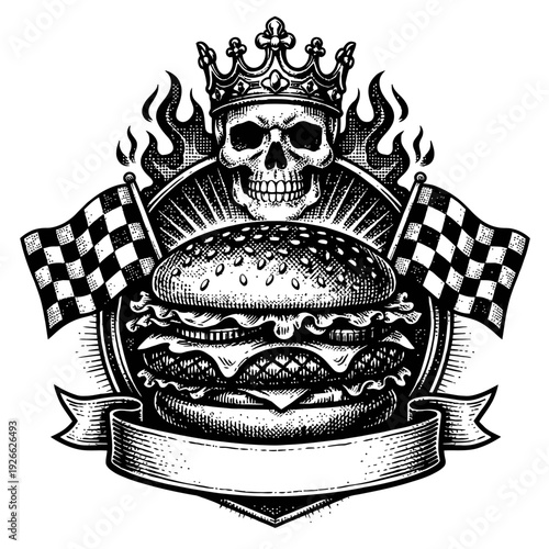 Vintage Engraved King Burger with Flaming Skull & Racing Flags – Ultimate Fast Food Emblem for Restaurants, Food Trucks, and Streetwear Brands Seeking a Bold, Edgy, and High-Impact Design Aesthetic