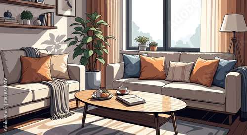 Cozy living room interior with natural light, comfortable sofas, and decorative plants.
