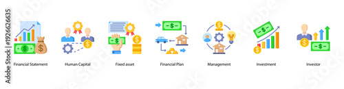 Capital Investment web banner vector illustration featuring Financial Statement, Human Capital, Fixed Asset, Financial Plan, Management, Investment, and Investor.