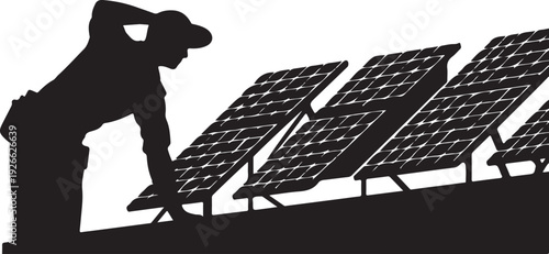 Black silhouette man installing solar panels on roof