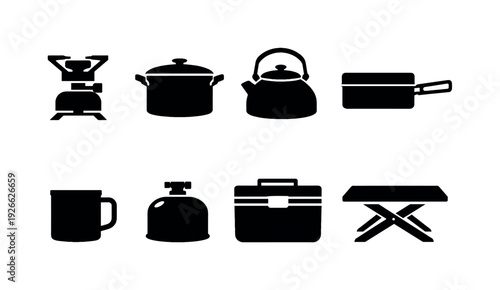 Camping cooking gear: camp stove, cooking pot, kettle, mess tin, camping mug, gas canister, cooler box, folding table