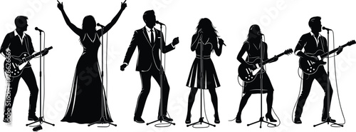 Silhouette band performing on stage with singers and guitarists, energetic musical group concert scene, lively performance artwork for creative design and promotion