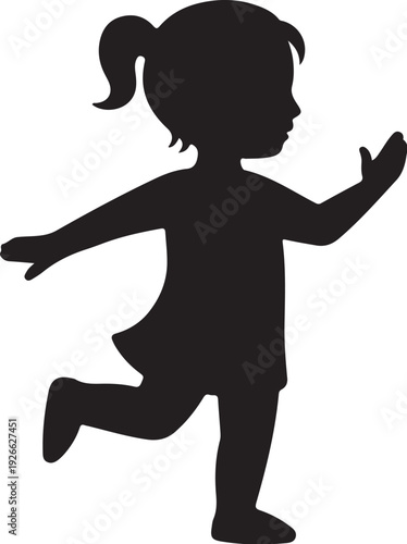 Black silhouette of a little girl running with ponytail