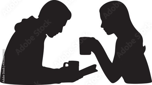 Black silhouette of a man and woman sitting with coffee cups