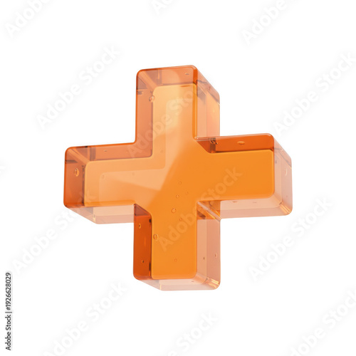 Glossy Orange 3D Glass Plus Sign Icon on Transparent Background
