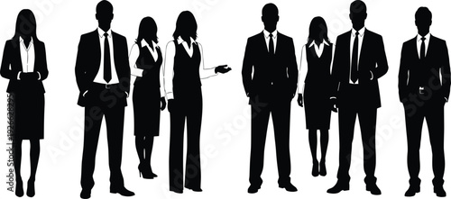 Silhouette business people standing, professional attire, posture variation, minimal vector art, black figures, corporate team, workplace diversity, formal style