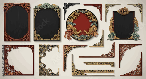 Collection of ornate, antique-style decorative frames and corner embellishments with intricate carvings and gold accents, reminiscent of traditional Asian art and architecture