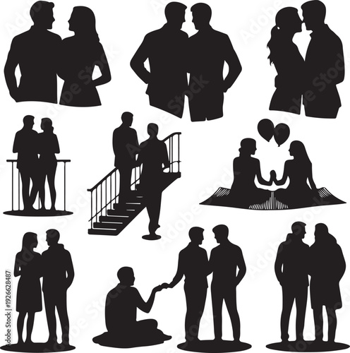 black silhouettes of people in various social interactions and romantic relationships