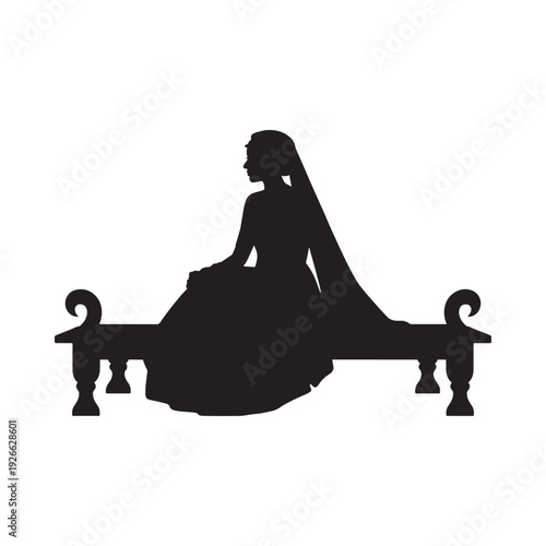 Silhouette of a woman in traditional attire seated on an ornate bed