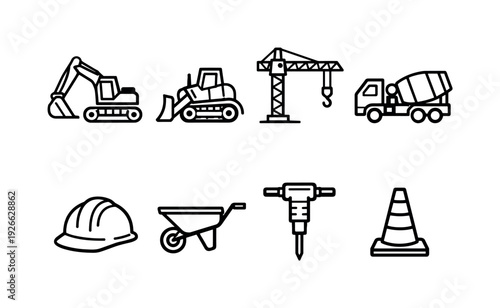 Construction equipment: excavator, bulldozer, crane, cement mixer, hard hat, wheelbarrow, jackhammer, traffic cone