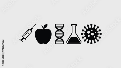 A minimalist vector illustration featuring a syringe injecting an apple, flat design concept