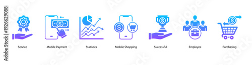 Service and Business Success web banner featuring Service, Mobile Payment, Statistics, Mobile Shopping, Successful, Employee, and Purchasing.