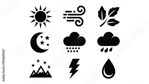 Black celestial vector illustration set of sun, moon, stars and mountains in flat design