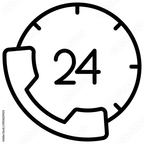 24 Hour Clock Outline Icon Design Vector - Circular clock with 24 mark representing round the clock service, availability, and nonstop operation