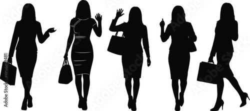 Silhouette collection of businesswomen walking with handbags in professional poses for corporate design, marketing illustration, office concept, fashion reference and graphic projects