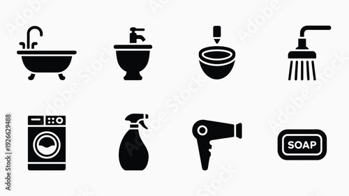 Black icons of bathroom and laundry items vector illustration, flat design