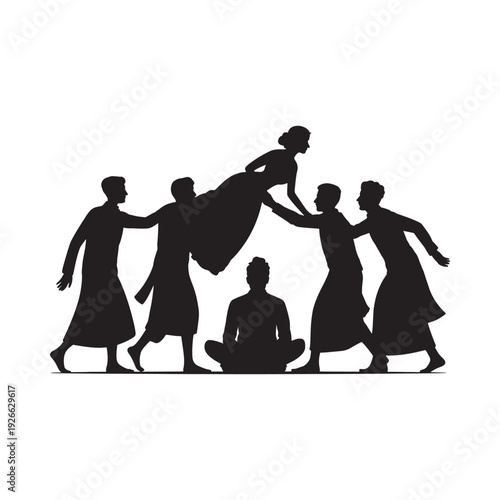 Silhouetted figures carry a bride beneath a seated person