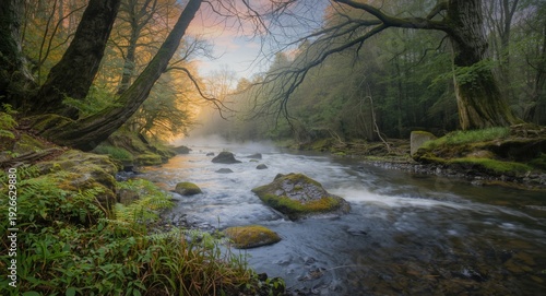 Peaceful river scene with m...