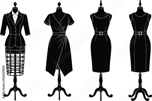 Elegant women dress silhouette collection on mannequin, formal office wear, cocktail dress and pencil skirt fashion illustration isolated on white