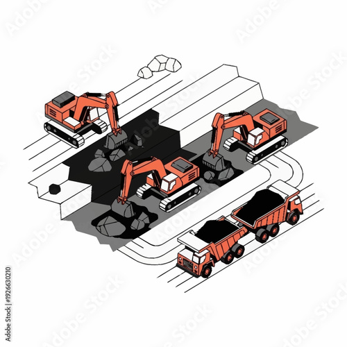 Heavy machinery excavating and transporting materials in an industrial setting.