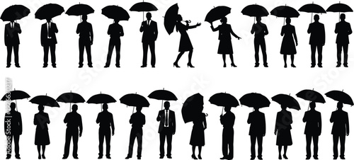 Silhouette collection of diverse people holding umbrellas in standing and walking poses, rainy weather concept, crowd illustration, business and casual figures