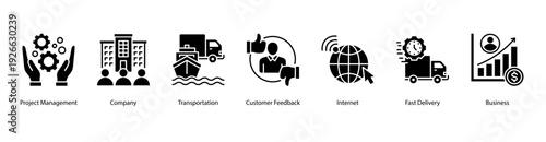 Company and Business Operation web banner featuring Project Management, Company, Transportation, Customer Feedback, Internet, Fast Delivery, and Business.