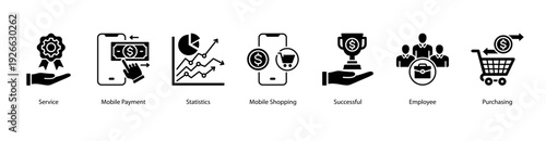 Service and Business Success web banner featuring Service, Mobile Payment, Statistics, Mobile Shopping, Successful, Employee, and Purchasing.