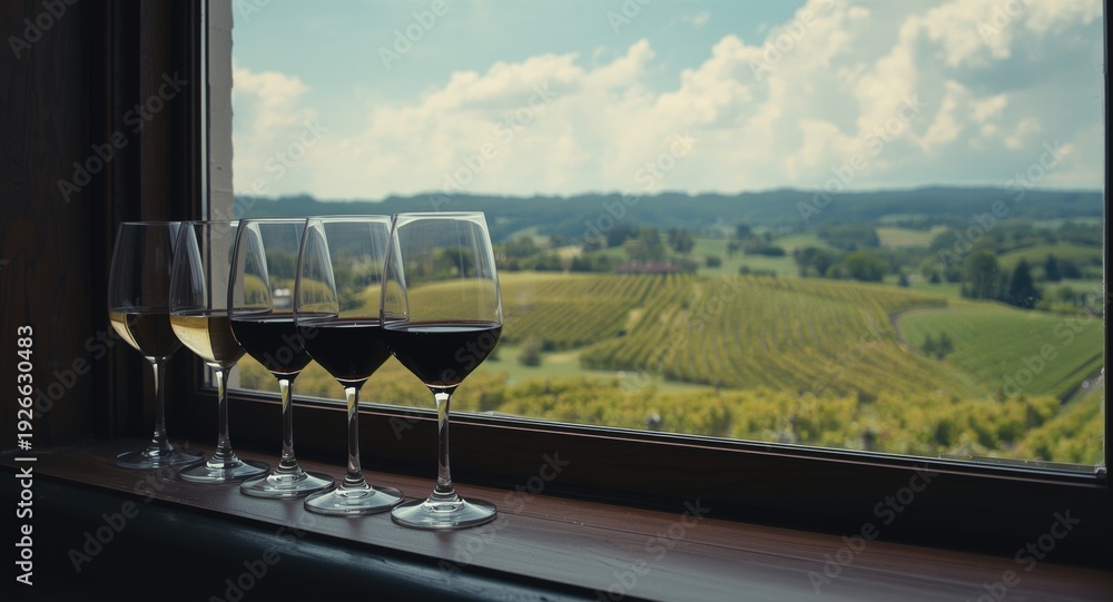 Naklejka premium Full glasses of red and white wines beside window overlooking rolling vineyard hills