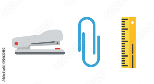 A gray stapler with a red accent, a blue paperclip, and a yellow ruler are arranged on a pure white background.