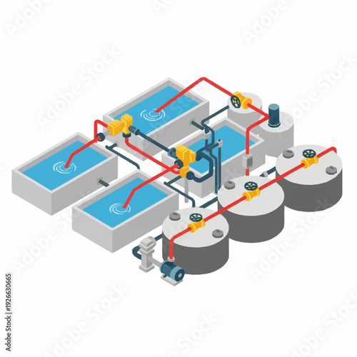 Isometric Industrial Water Treatment Plant Diagram with Tanks and Pipes.