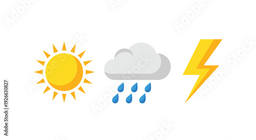 Illustration of weather icons featuring a shining sun, a gray cloud with raindrops, and a striking yellow lightning bolt symbol.