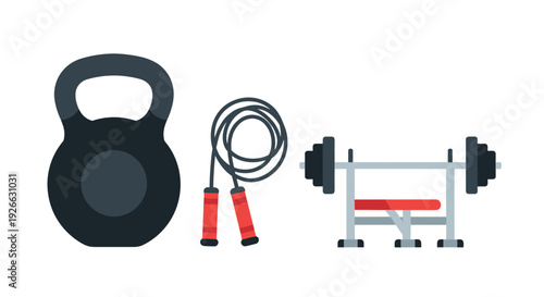 Set of various workout tools featuring a dark kettlebell, a red handled jump rope, and a gray weight bench with barbell.