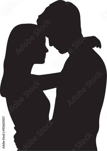 Black silhouette of couple embracing and touching foreheads