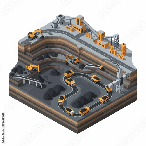 Isometric view of a large open pit coal mine with heavy machinery and infrastructure.
