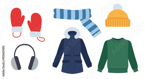 Warm winter clothing and accessories: red mittens, striped scarf, yellow beanie, headphones, blue jacket, and green sweater.