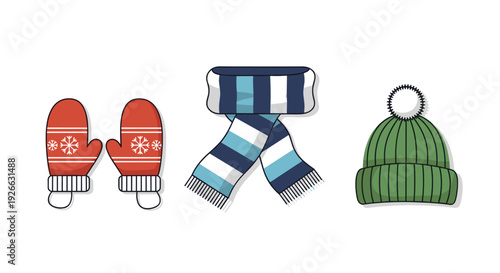 Essential winter apparel: red mittens with snowflake pattern, blue striped scarf, and a green pom-pom hat.