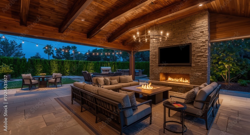 Fototapeta premium Comfortable high end outdoor lounge with stone fireplace, carpet, and entertainment system