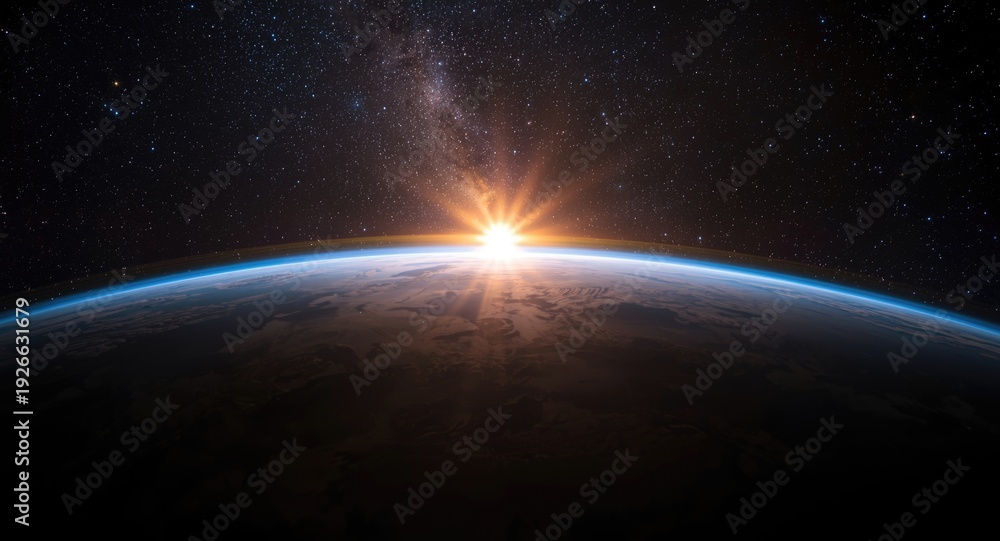 Fototapeta premium Space view of Earth's sunrise with twinkling stars and distant galaxy