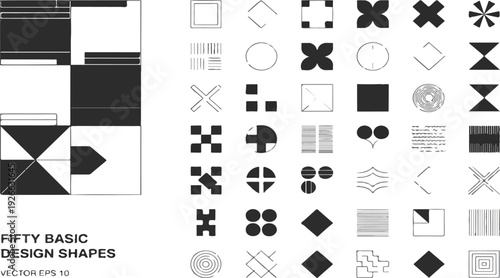 Collection of abstract geometric shapes and designs, fifty basic design elements