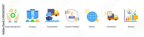 Company and Business Operation web banner featuring Project Management, Company, Transportation, Customer Feedback, Internet, Fast Delivery, and Business.