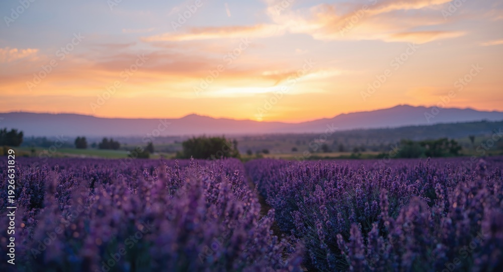 Obraz premium Purple lavender blooms glowing in sunset with layered mountain views