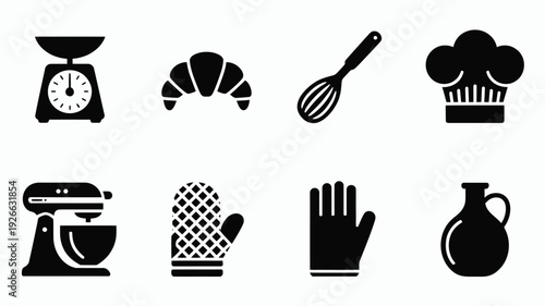 Collection of nine kitchen icons including baking tools vector illustration