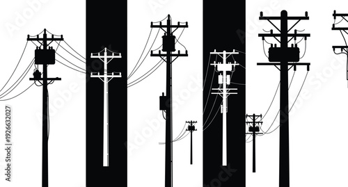 Silhouette collection of utility power poles with electrical wires and transformers showing urban energy distribution infrastructure in bold high-contrast design
