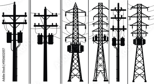 Silhouette collection of utility poles, power transmission towers, electrical lines, transformers and industrial energy structures isolated on white background, illustration