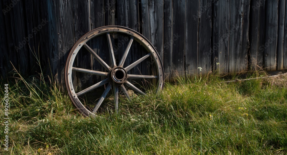 Fototapeta premium Weather-beaten wagon wheel resting near barn under sunny conditions with text space