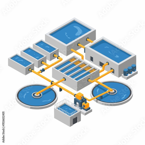 Isometric Water Treatment Plant Diagram with Purification Process.